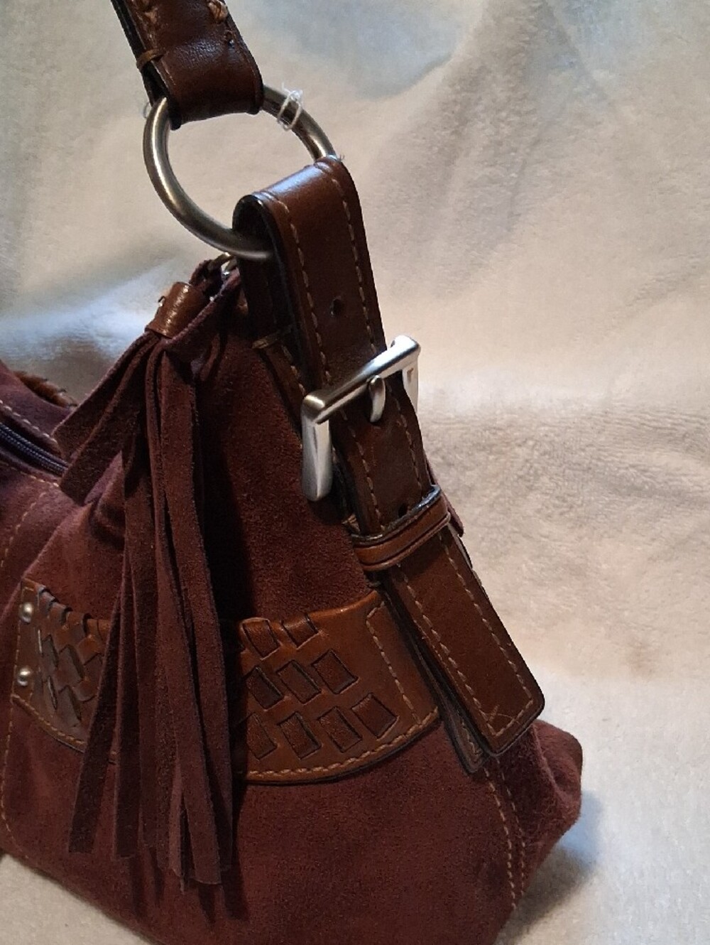 Fossil Brown Suede Braid I 7ed Shoulder Bag with Tassel - Picture 14 of 14